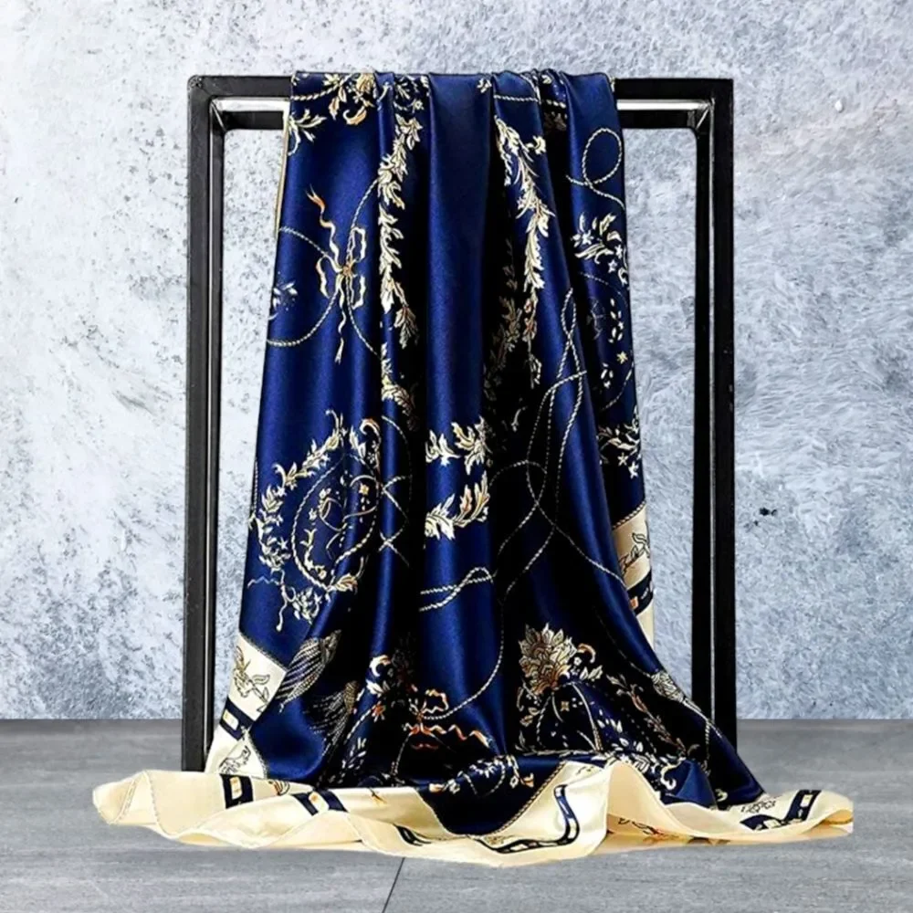 Scarf Headwraps for Women Silk Scarf Navy Satin Print 35 x 35